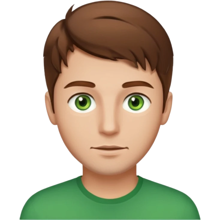 young man with brown hair that goes really high up, green eyes wide open emoji