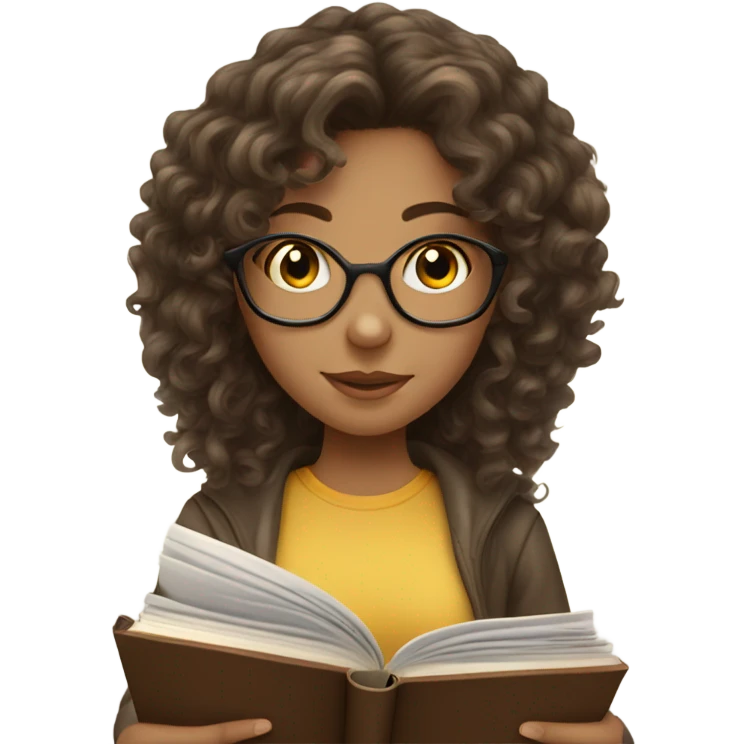 Curly haired brunette girl with long hair reading a book emoji