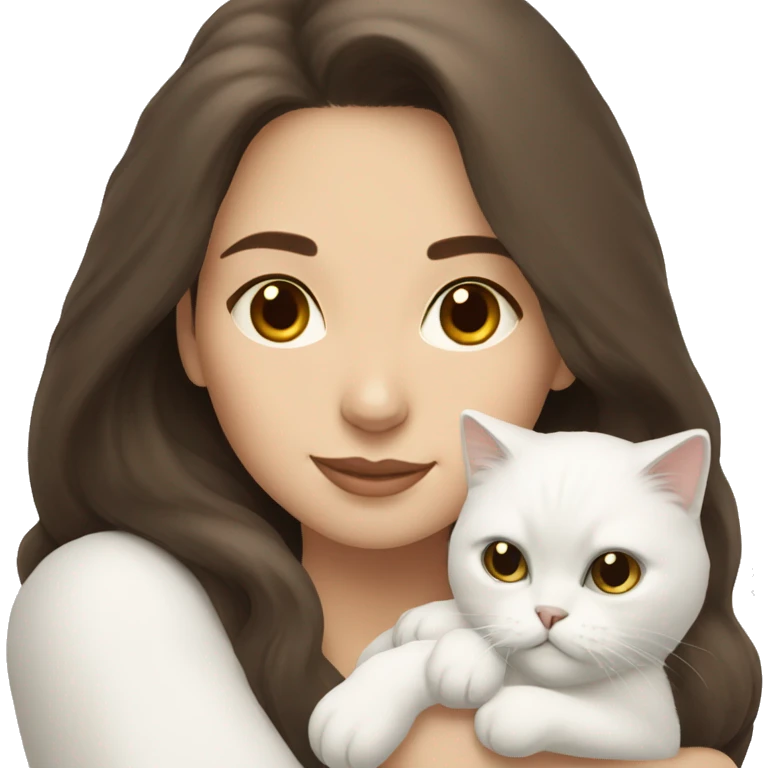 Brunette woman snuggling white Persian cat emoji