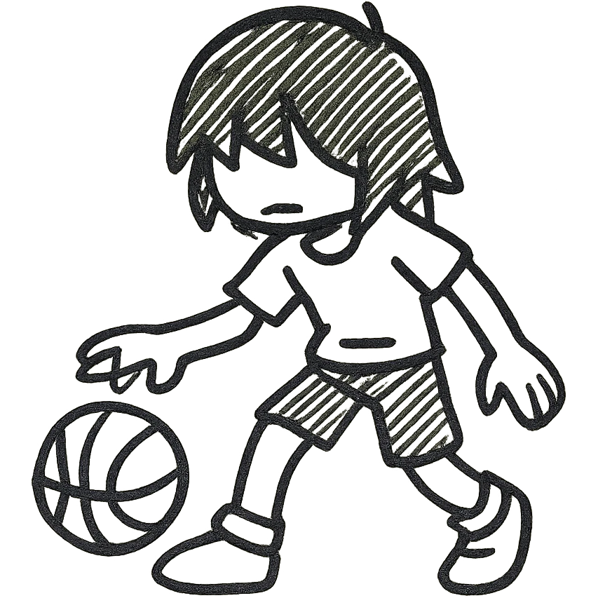 Kris from Deltarune dribbling a basketball, outlined icon style, minimalistic, black lines, no fill emoji
