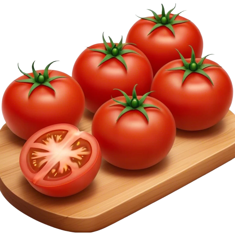 Cinematic juicy ripe tomatoe, deep red, slightly dewy, arranged on a wooden cutting board, soft glowing background, rich and flavorful. emoji
