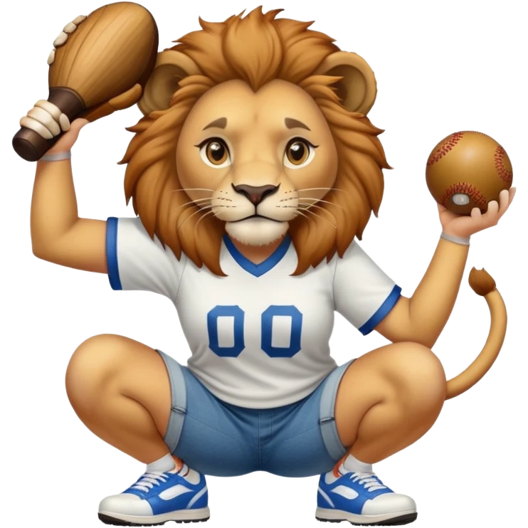 confident anthropomorphised female lion wearing a baseball shirt, jeans, and trainers, squatting and lifting an object emoji