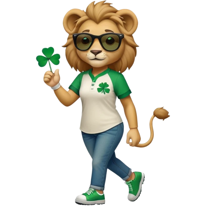 confident anthropomorphised female lion wearing baseball shirt and jeans with shamrock and green accents, dark sunglasses, walking upright, looking self-assured emoji