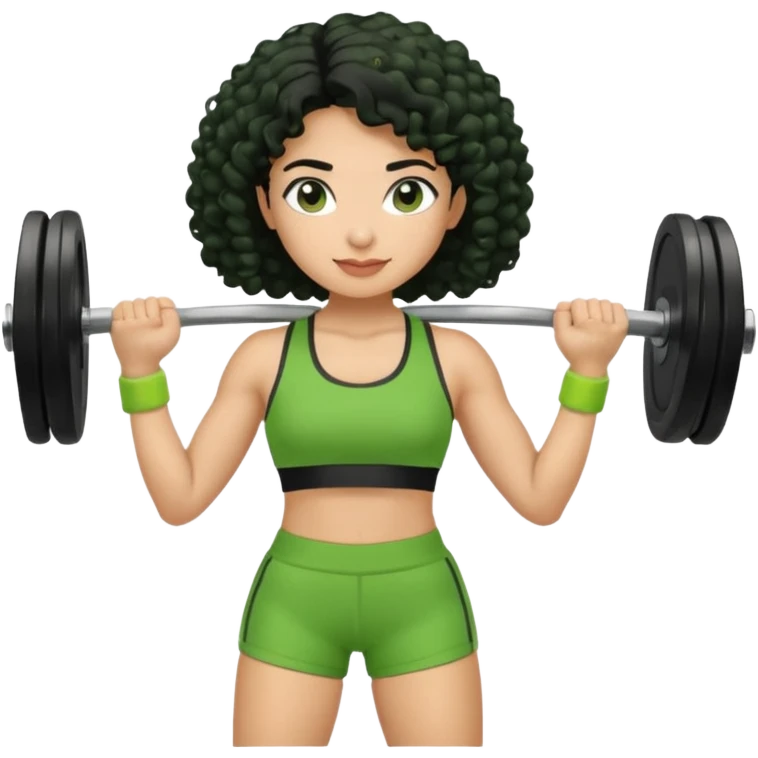 woman with olive skin and curly black hair wearing a green workout outfit (shorts) and lifting weights emoji
