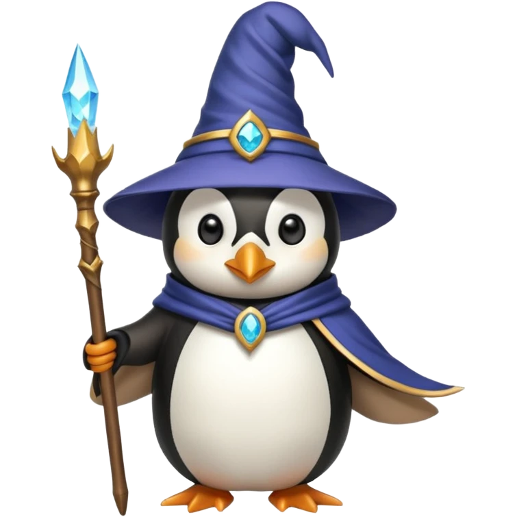 penguin wizard, magical staff, wearing a pointed hat, fantasy emoji
