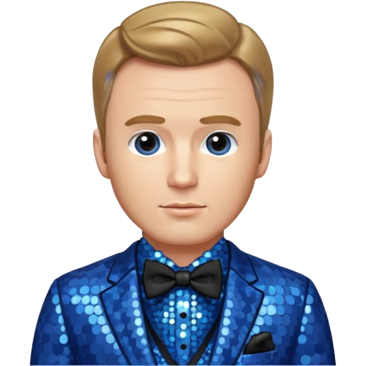 Chris Evans with dark blonde hair, blue sequin suit with bow tie emoji