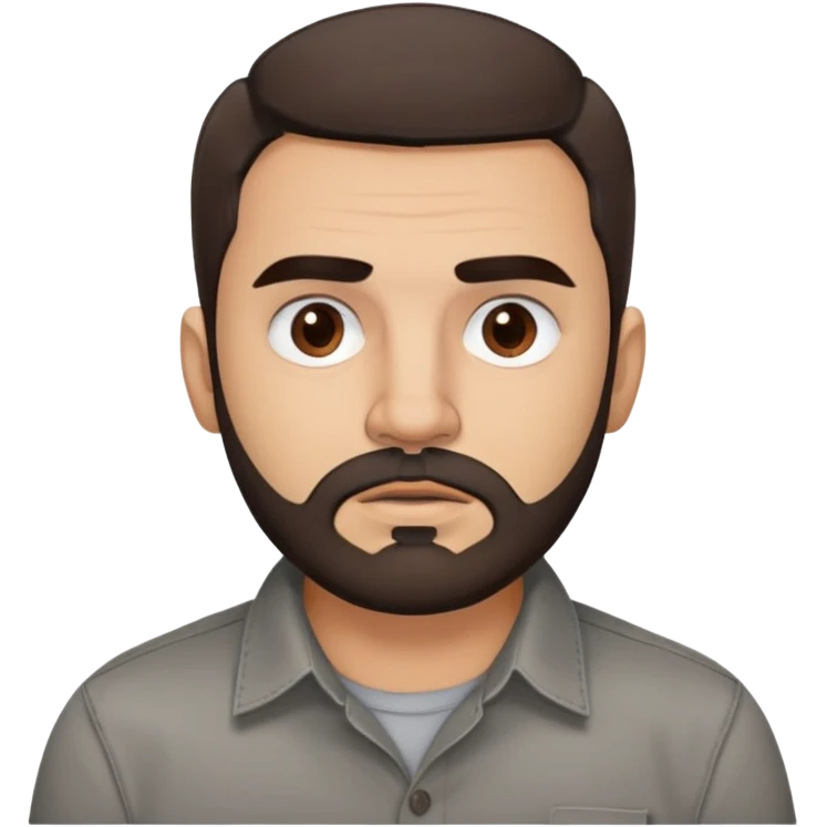 Puerto Rican actor René Monclova with round face, wide jaw, light skin. Expressive dark brown eyes, thick eyebrows. Short brown hair with receding hairline. Messy beard, brown with some gray patches. Wearing a dark button-down shirt. emoji