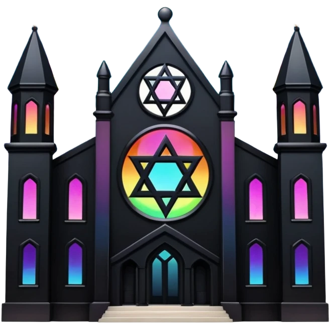 jewish synagogue temple in dark goth aesthetic style with black building and light rainbow tint glass windows and star of david and celestial symbolism emoji