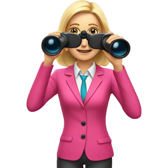 white female employee with pretty face and loose blonde hair wearing intensive color pink suit looking in binoculars. Upper-body only. emoji