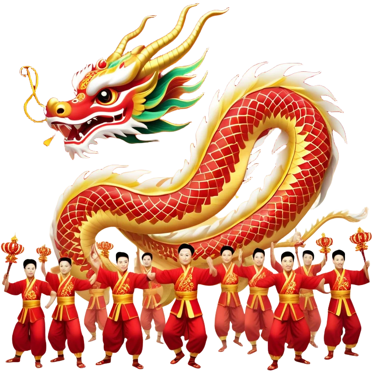Cinematic Realistic scene of a Chinese Dragon Dance featuring performers energetically holding a vibrant dragon model aloft, with intricately detailed scales and dynamic flowing costumes, illuminated by festive red and gold lighting that captures the spirit of celebration. emoji