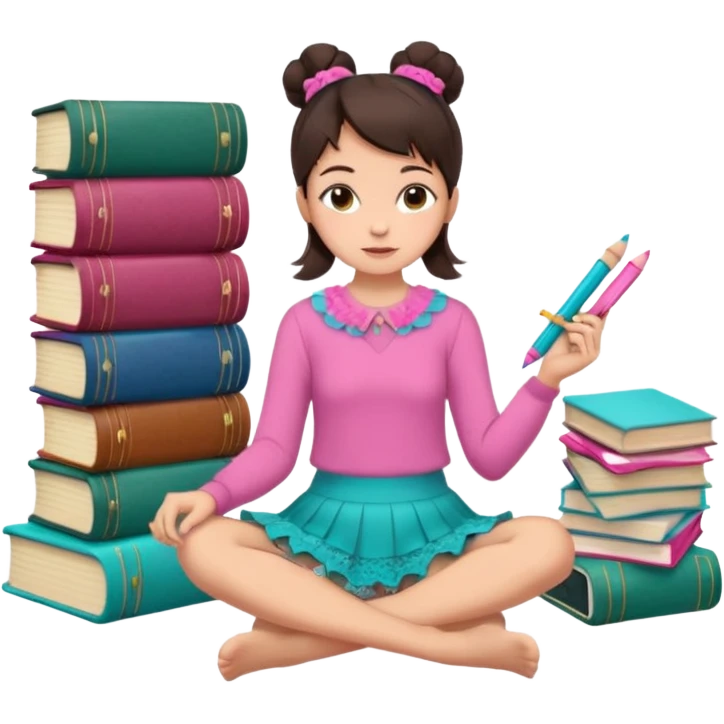 A brunette woman with straight, dark brown hair styled in two buns wears a pink long-sleeved shirt and a turquoise lace ruffled skirt. She is barefoot and holds a crayon in one hand. She sits cross-legged on the floor, which is covered with stacks of colorful notebooks. Art Deco style illustration. emoji