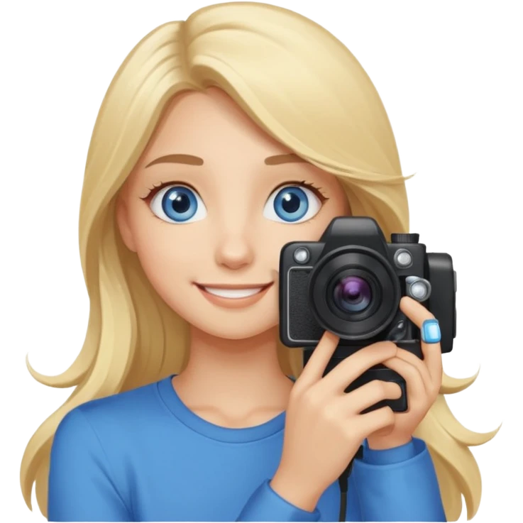  blue eyes blonde girl photographer cartoon taking picture in middle of taking picture camera in front of face long hair smiling funny flash professional, camera in front of face emoji