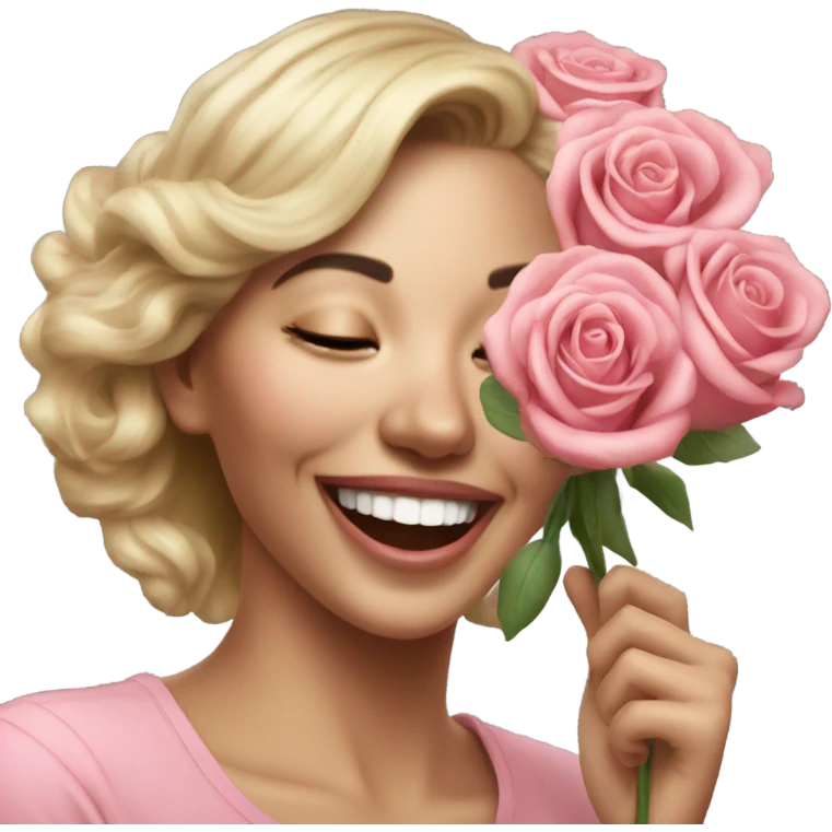 Hyper Realistic beautiful woman smells bouquet of roses laughing  emoji