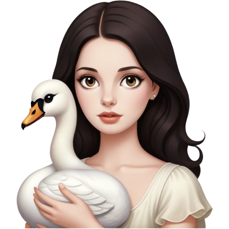 Girl who looks like Lana del Rey with dark hair, dark brown cat eyes, pale skin, with a Roman nose, holding a swan emoji