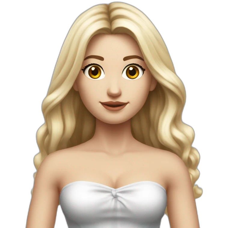 hyperrealist caucasian long hair blonde brown eyes strapless white top gray tight mini skirt black shoes full body emoji