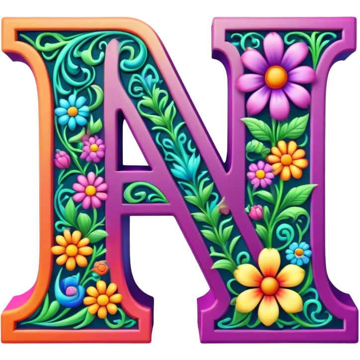 3D, gothic style psychedelic colored capital Letter i with hippie style flower border emoji