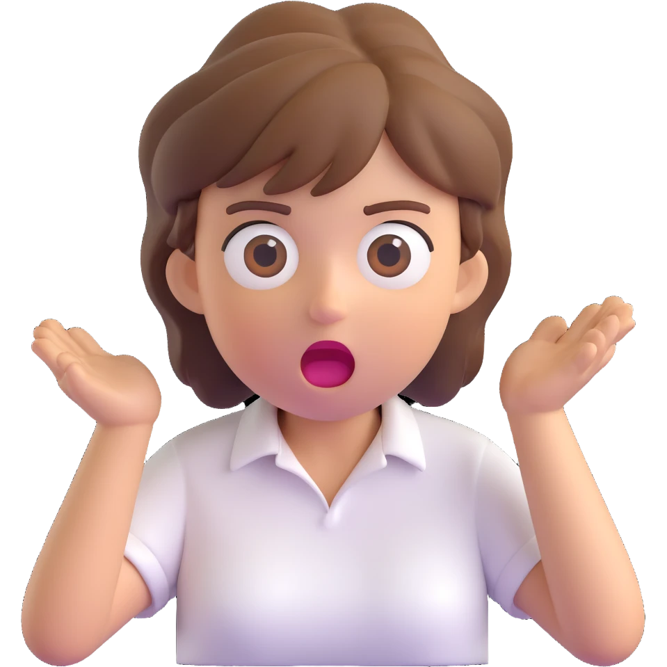 3D emoji style character with short tousled brown hair, surprised expression, wearing a white shirt, light background emoji