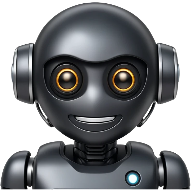 friendly modern face of a black robot with bright white led eyes, smiling, non-threatening emoji