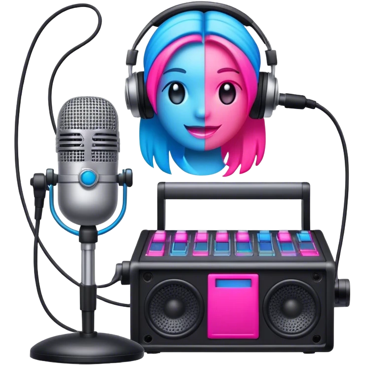 Create a vibrant and modern emoji that represents pop or stage vocal performance. The design should feature a high-quality microphone, a stage monitor, and a sound mixing console to symbolize the professional setup used in pop vocals. Add elements like studio headphones or a soundboard with sliders to reflect the technical side of live performances. Use energetic colors like neon pink, electric blue, and silver to convey the dynamic, high-energy nature of pop and stage singing. The background should be transparent. emoji