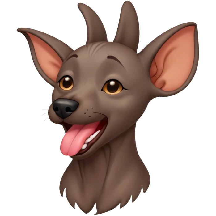 Cinematic Cute Yawning Xoloitzcuintle dog Portrait Emoji, Head tilted slightly with a dramatic, wide-open yawn, showcasing smooth, hairless ebony skin with gently relaxed wrinkles and floppy ears slightly drooping, round dark eyes barely open in drowsy contentment, Simplified yet irresistibly adorable features, highly detailed, glowing with a soft, cozy glow, high shine, relaxed yet expressive, stylized with a touch of whimsy, bright and endearing, soft glowing outline, capturing the essence of a sleepy yet affectionate guardian, so drowsy it feels like it could stretch out of the screen and curl up for a nap! emoji