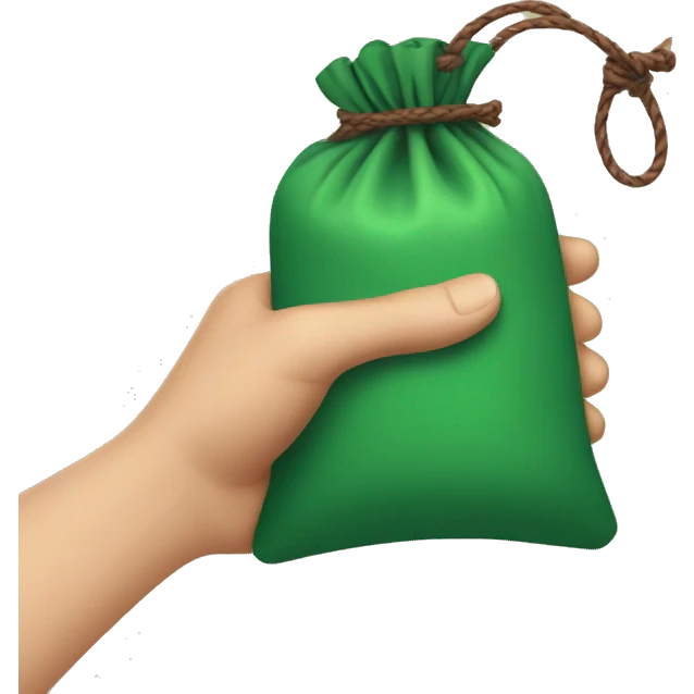 hand holding up a green pouch that is tied with brown string emoji