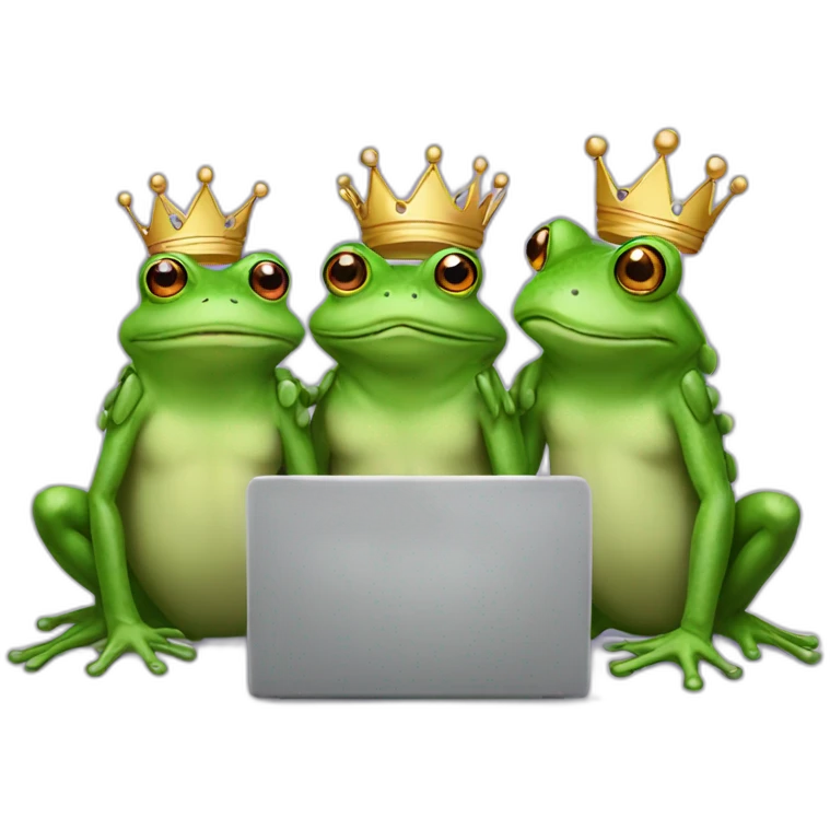 three queen frogs drawing with a laptop emoji