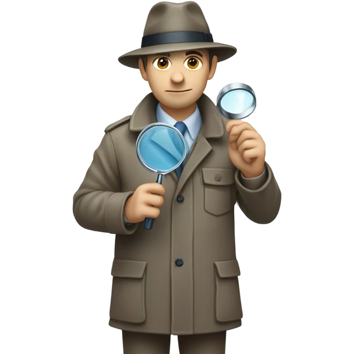 a man in a detective suit, in a raincoat, with a hat and a magnifying glass in his hands facing right. White skin emoji