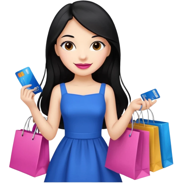 Girl with long black hair, pink lipstick, brown eyes holding shopping bags and blue credit card and wearing a dress  emoji