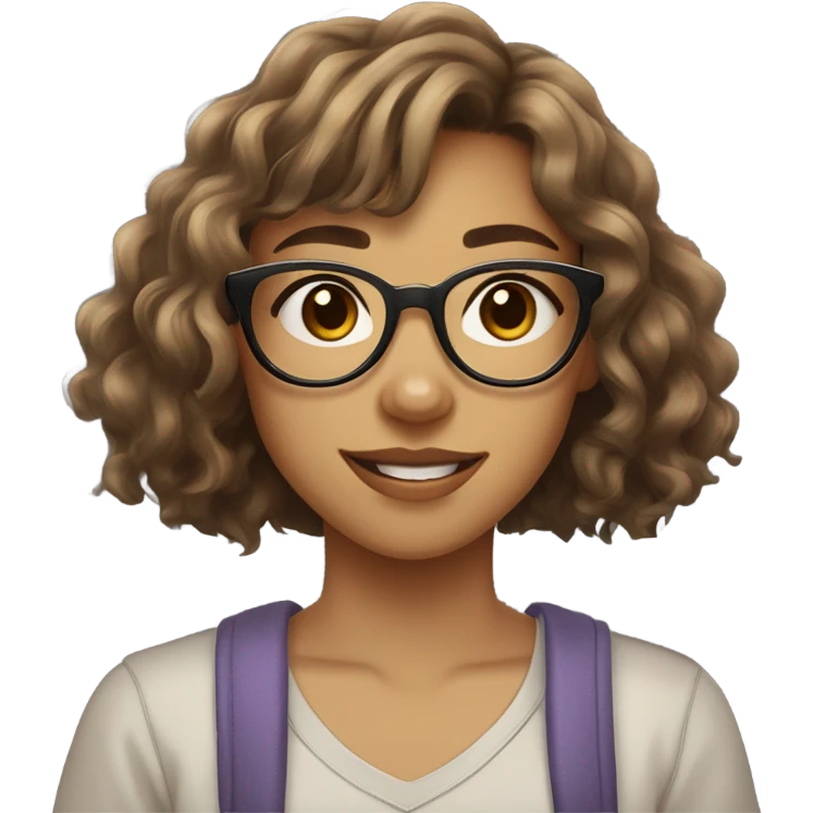 A 14-year-old girl with light brown glasses, nose piercings (ball on the left, ring on the right), wavy brown hair with bangs, light skin, normal features, and her Brazilian mixed-breed dog beside her. emoji