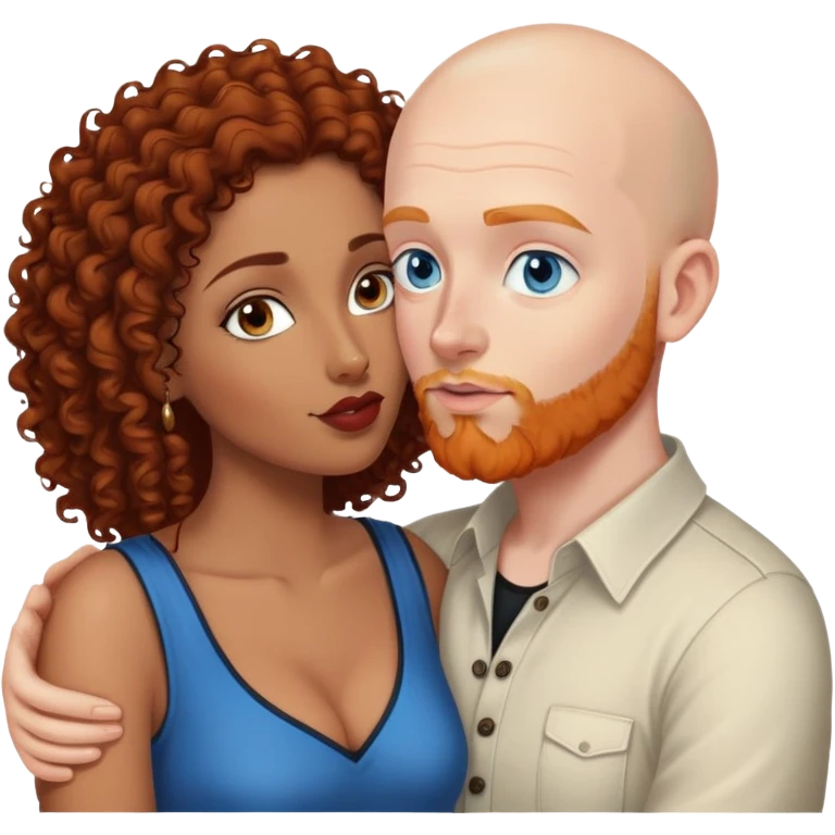 Bald white male with ginger beard and blue eyes kissing indian brown woman with jet black curly hair emoji