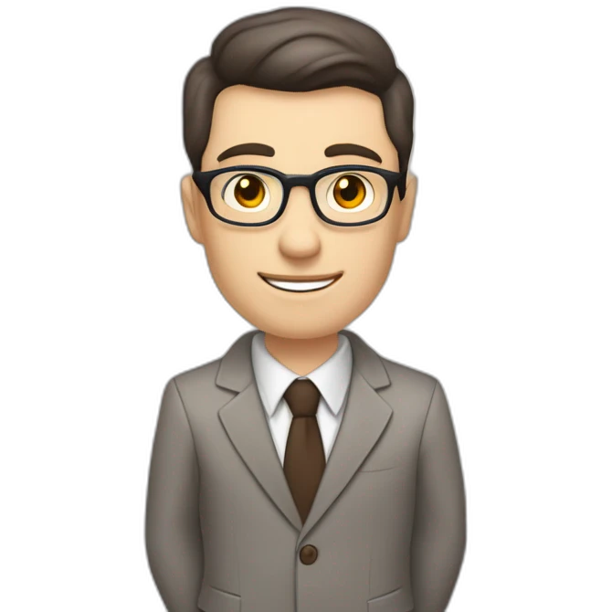 Pale skinned fit man with dark brown hair in gray jacket, beige office shirt, brown tie, brown pants and vintage glasses Writing text on a flipchart emoji