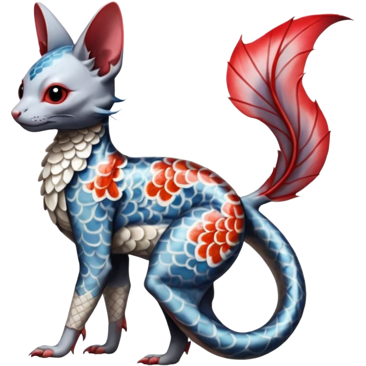 Japanese oriental Asian Edgy badass swimmy wet painted intricate ornate Japanese Asian koi-Minccino-Lykoi-Emolga-Sphynx-Linoone-Zangoose-fusion-hybrid-animal-Fakémon-creature, full body, thin long sleek scaly tail, intricate markings emoji