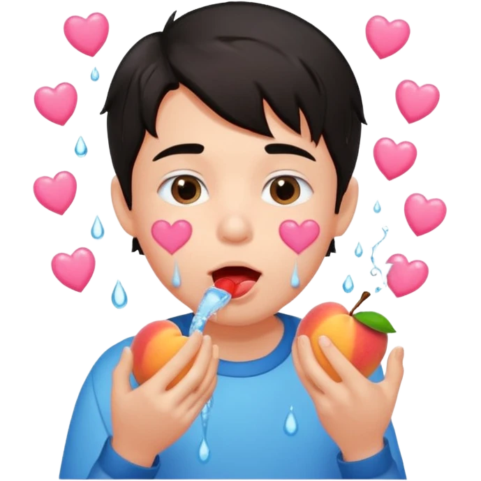 Cute boy, grown out dark hair, eating a peach, pink hearts floating , water dripping from mouth emoji