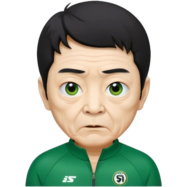 Seong Gi-hun : age 80, skinny and bony face, very small mouth, thick eyebrows deep eyes, unkempt black hair , Green player tracksuit. emoji