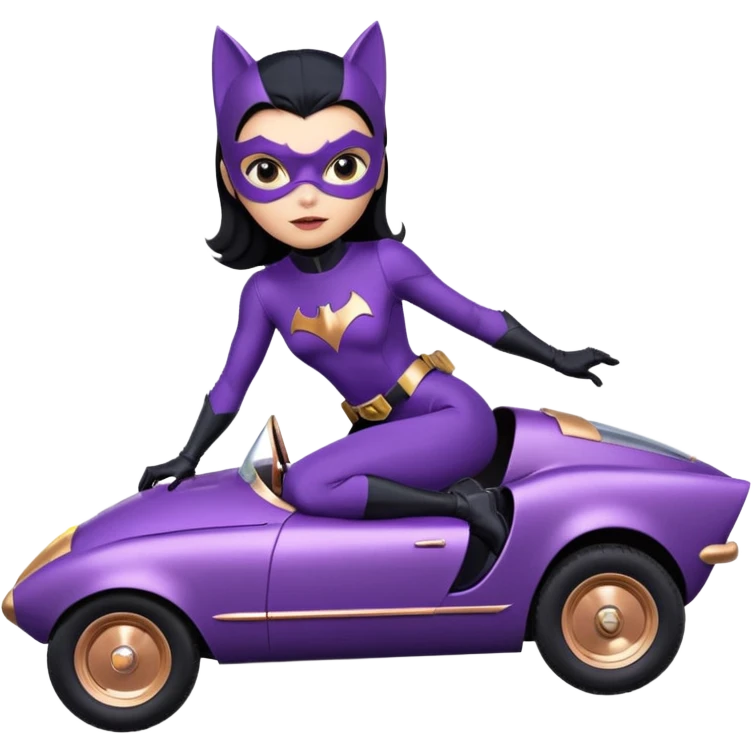  proportionally correct, real-appearance racing adult BatGirl’s feminine midnight-purple tight outfit sixty’s tv show 2032 stealth retro cat burglar sporty petite off-road pursuit hovering black hover-car rose gold accents (black hair,reclined and relaxed seating position and attitude) emoji