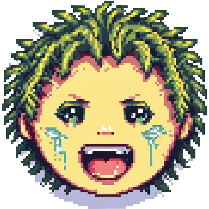 pixel art of a face with a manic grin and crying, tears and wild hair emoji
