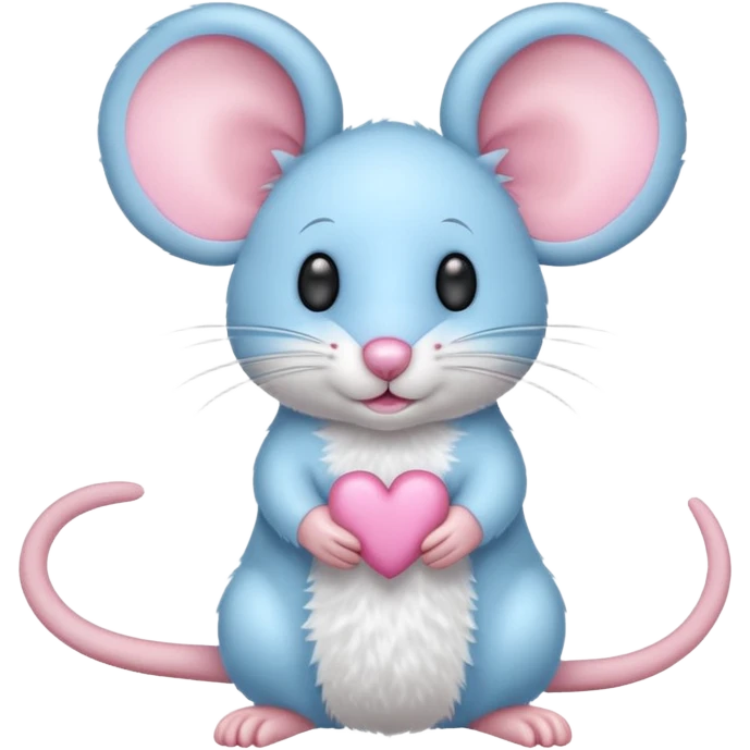 A small, light blue, fuzzy toy mouse with pink ears and a pink nose emoji