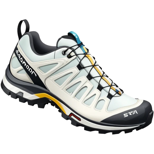 Minimalist iOS-style emoji of white Salomon XT-6 Gore-Tex shoes positioned as a pair with one behind the other, simple clean lines but recognizable technical hiking shoe details emoji