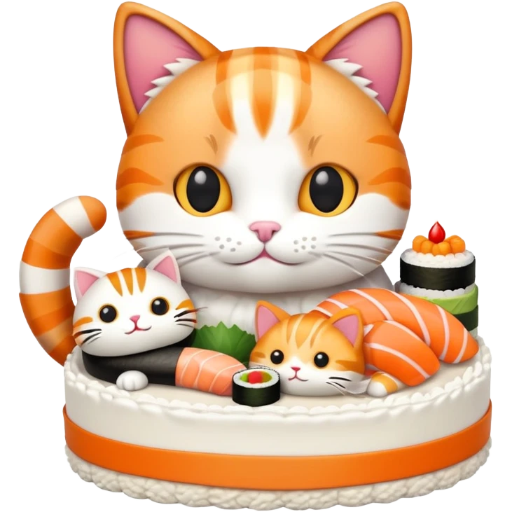 cat with a birthday cake made out of sushi emoji
