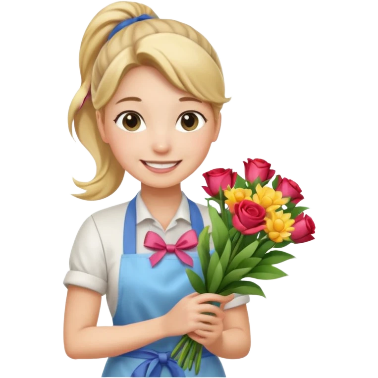 Young female florist – ponytail, holding a bouquet with ribbon emoji