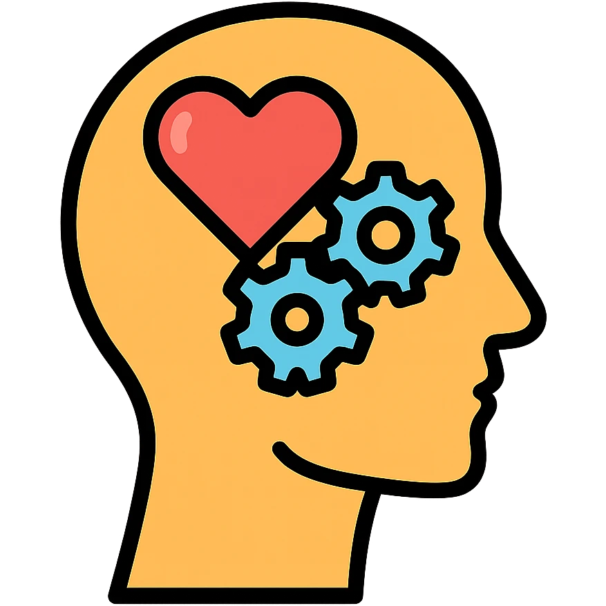 Vector illustration of a human head icon in profile view, with a heart or gears inside the head symbolizing emotional intelligence or cognitive processing. Clean and sharp lines, with subtle realistic shadows and glossy highlights for depth. Flat yet modern vector style. Transparent background emoji