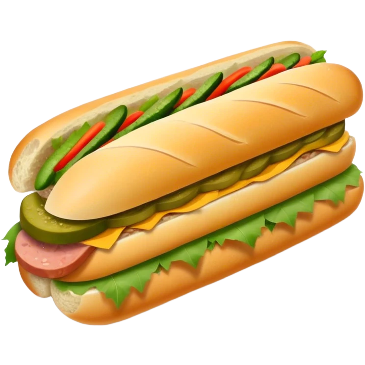 Cinematic Realistic B√°nh m√¨ Sandwich Dish Emoji, showcasing a crusty baguette filled with savory meats, pickles, and fresh herbs rendered with dynamic detail and appetizing lighting. emoji