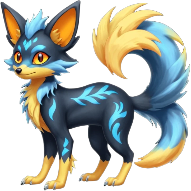 Lykoi-Fennekin-Electrike-Luxray-fusion-hybrid-animal-Fakémon-creature, full body, thin long sleek scaly tail, intricate markings emoji