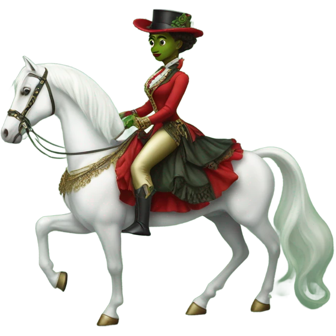 a green amazon alien woman in victorian red on a white horse emoji