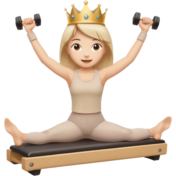 Sticker emoji of a girl doing Pilates arm exercises on a reformer, holding light dumbbells. Small crown, happy expression, beige outfit. Kawaii proportions, white outline, transparent background. emoji