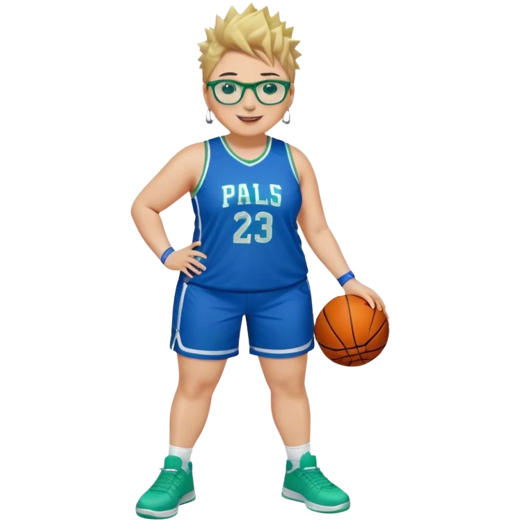 Full Body plus size white female basketball player with medium brown with blond hair with short spike hair wearing blue glasses 
With a small wide nose wearing blue green uniform  green sneakers smiling wearing silver hoop earring  emoji