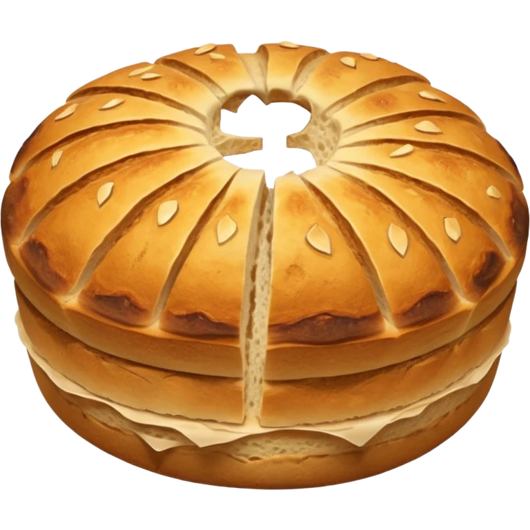 round rustic sourdough with cracked crust. emoji