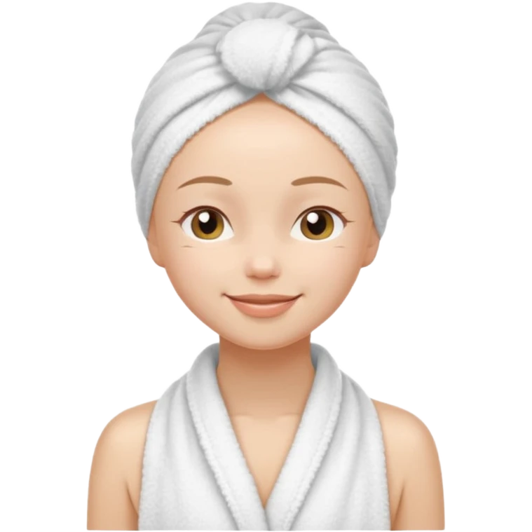 cute girl with her eyes closed and smiling, wearing a white spa towel as her clothes in she has a white spa towel on her head, no hair emoji