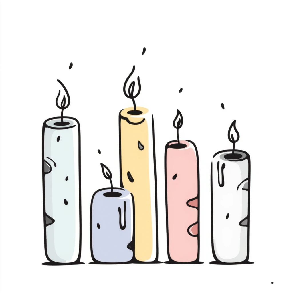 a group of candles of different heights, some lit with gentle flames, in pastel colors dd9fb0 ffc6d3 a3bfc9 c4bee2 f1b091, detailed hand-drawn doodle style emoji