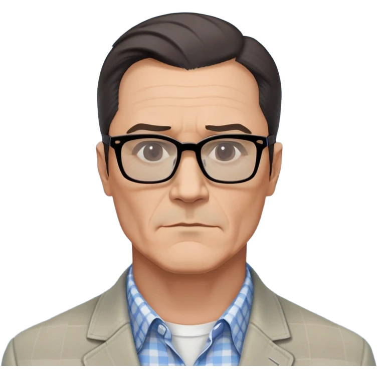 50-year-old man with very prominent and large square jawline that's wider than the rest of his face. Large dark square glasses, short straight hair combed to the side with some gray. Serious-relaxed expression. Light gray jacket, white shirt with blue checkered pattern. emoji